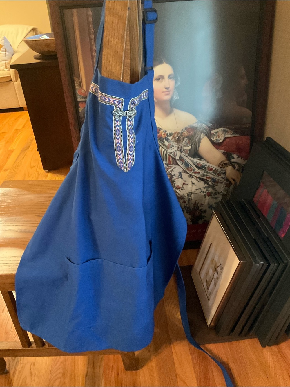 Blue Scandinavian Embroidered Apron with Front Pockets